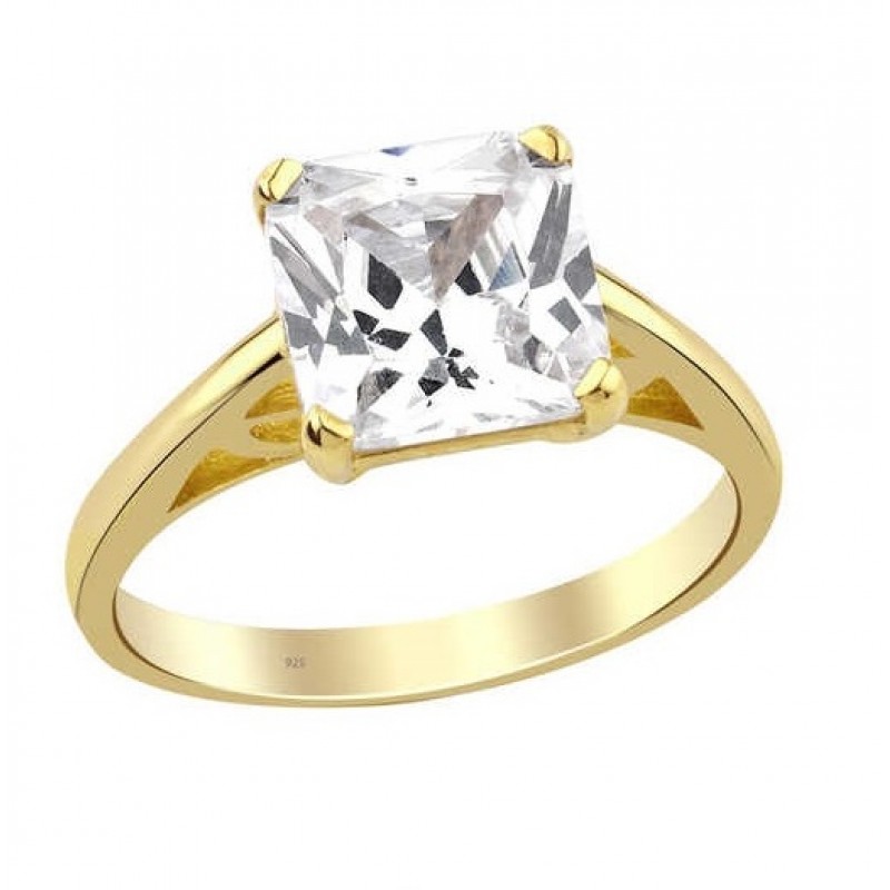 Prenses Kesim Tektaş Gümüş Sarı Yüzük GMS1974