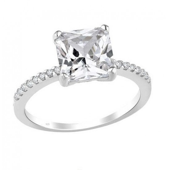 Zemin Taşlı Prenses Kesim Tek Taş Gümüş Beyaz Yüzük GMS1975