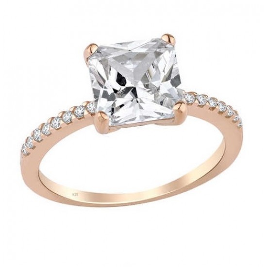 Zemin Taşlı Prenses Kesim Tek Taş Gümüş Rose Yüzük GMS1976