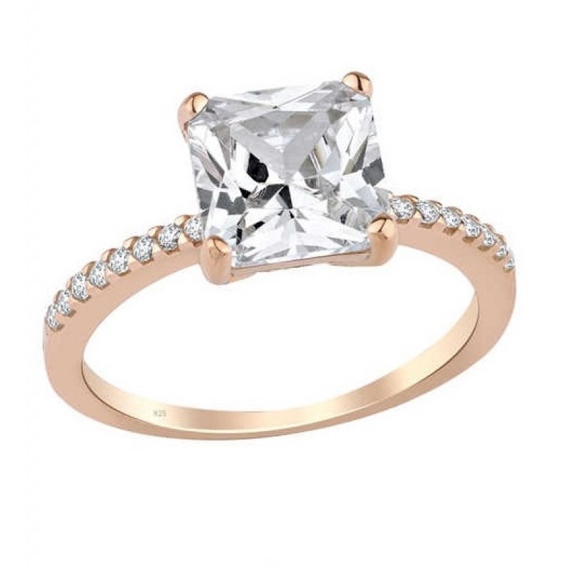 Zemin Taşlı Prenses Kesim Tek Taş Gümüş Rose Yüzük GMS1976