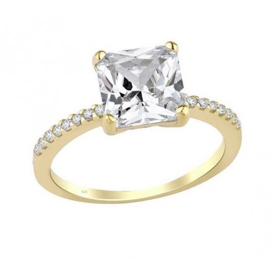 Zemin Taşlı Prenses Kesim Tek Taş Gümüş Sarı Yüzük GMS1977