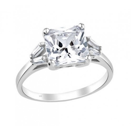 Trapez Zemin Prenses Kesim Tek Taş Gümüş Beyaz Yüzük GMS1978