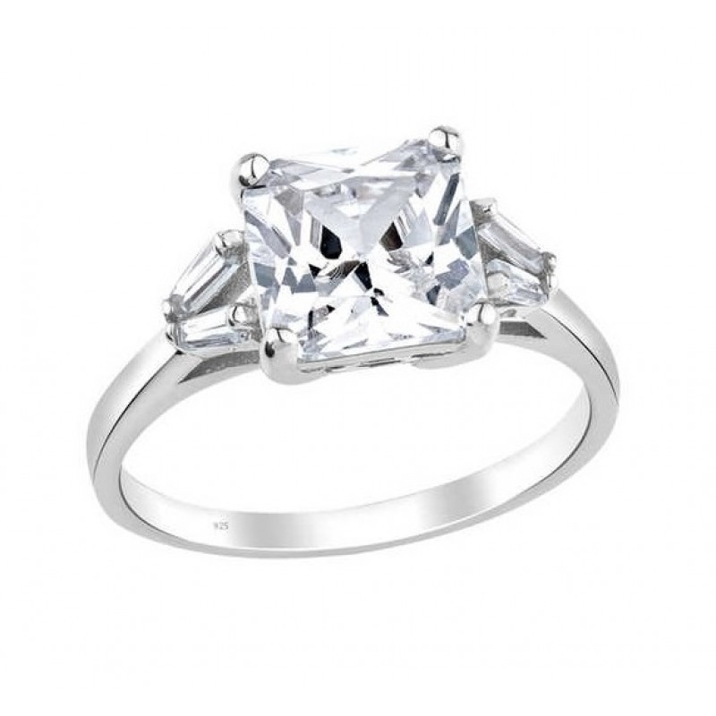 Trapez Zemin Prenses Kesim Tek Taş Gümüş Beyaz Yüzük GMS1978