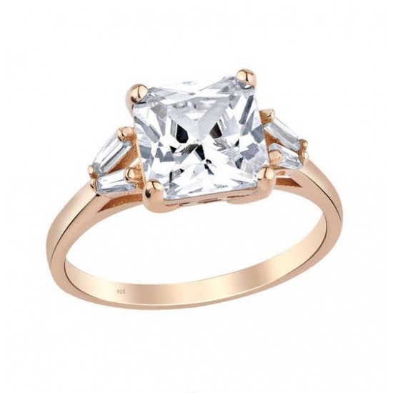 Trapez Zemin Prenses Kesim Tek Taş Gümüş Rose Yüzük GMS1979