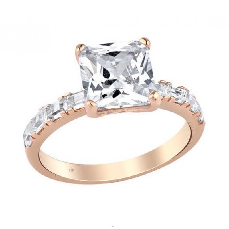 Zemin Taşlı Prenses Kesim Tek Taş Gümüş Rose Yüzük GMS1982