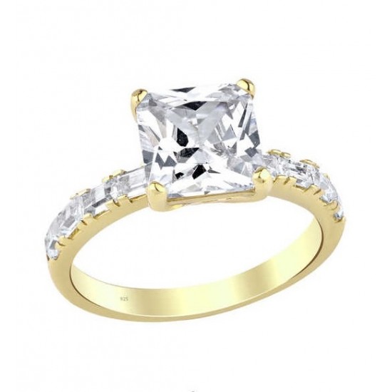 Zemin Taşlı Prenses Kesim Tek Taş Gümüş Sarı Yüzük GMS1983