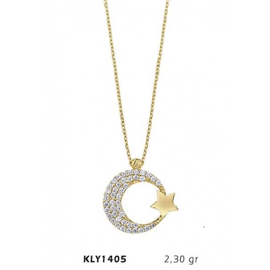 14 Ayar Altın Taşlı Ay Yıldız Kolye KLY1405