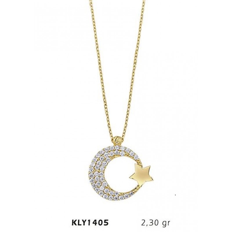 14 Ayar Altın Taşlı Ay Yıldız Kolye KLY1405