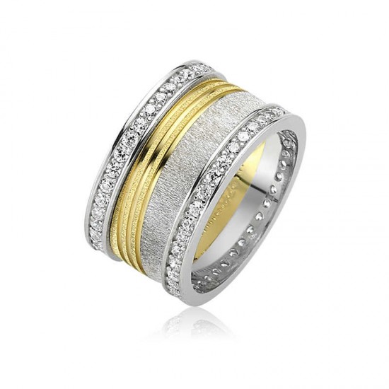 Gümüş Taşlı Çizgili Çift Erkek Alyans