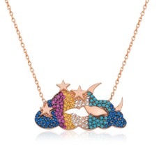 Gümüş Ay Yıldız Bulut Bayan Kolye