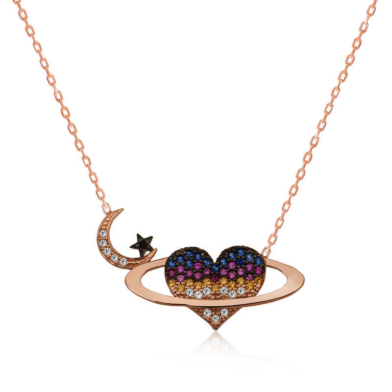 Gümüş Kalpli Gezegen Bayan Kolye Gümüş Kalpli Gezegen Bayan Kolye