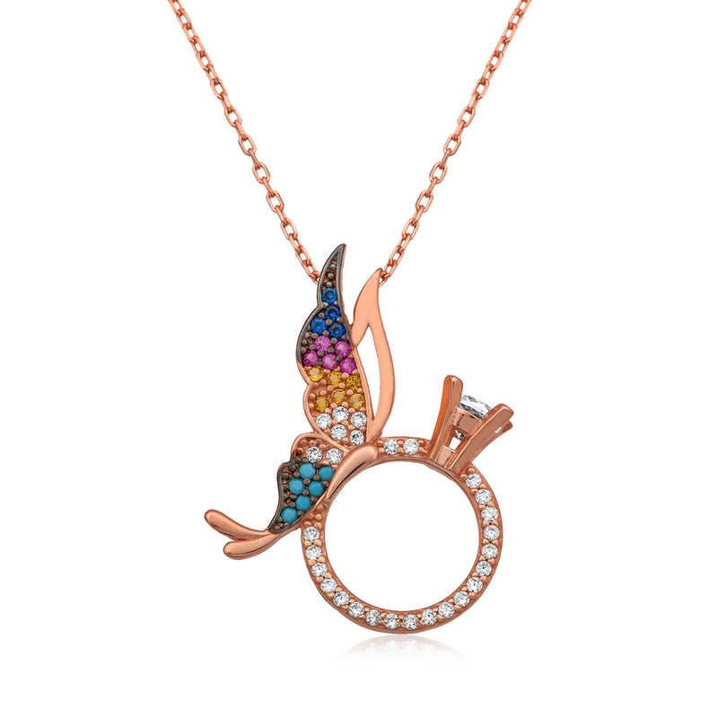 Gümüş Tek Taş Yüzüklü Kelebek Kolye Gümüş Tek Taş Yüzüklü Kelebek Kolye