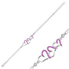 Gümüş Pembe Üç Kalpli Bayan Bileklik