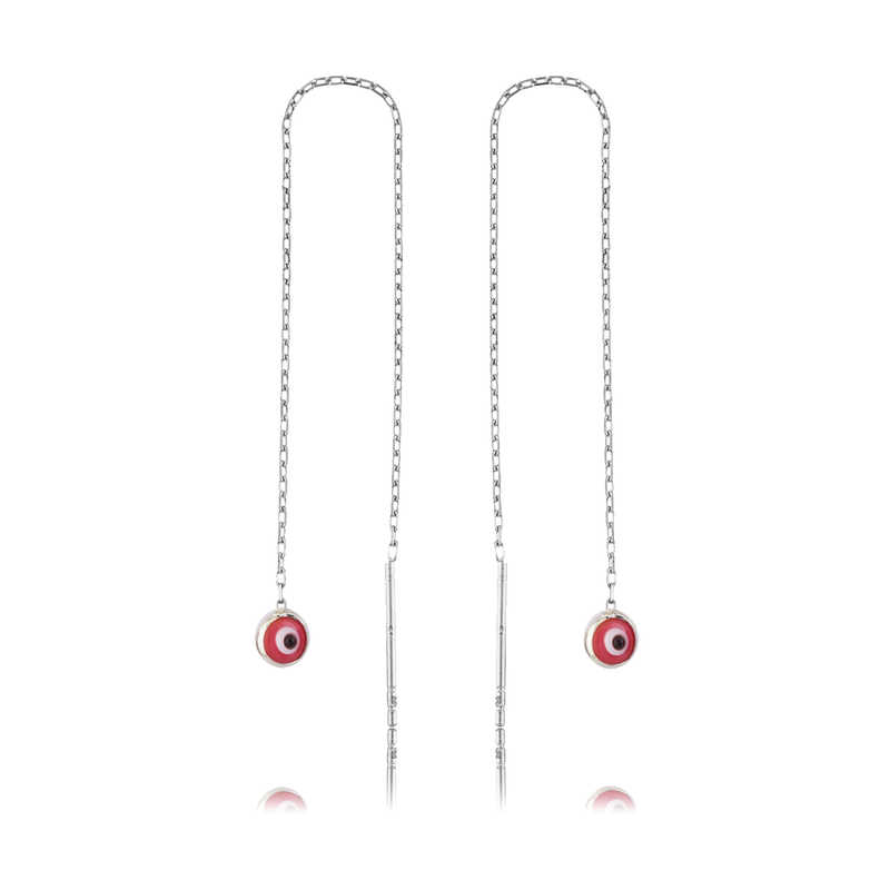 Gümüş Zincirli Pembe Nazar Küpe Gümüş Zincirli Pembe Nazar Küpe