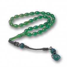 Gümüş Kazaz Püsküllü Yeşil Sıkma Kehribar Tesbih