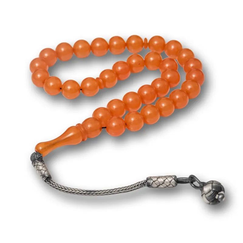 Gümüş Top Kazaz Püsküllü Turuncu Sıkma Kehribar Tesbih Gümüş Top Kazaz Püsküllü Turuncu Sıkma Kehribar Tesbih