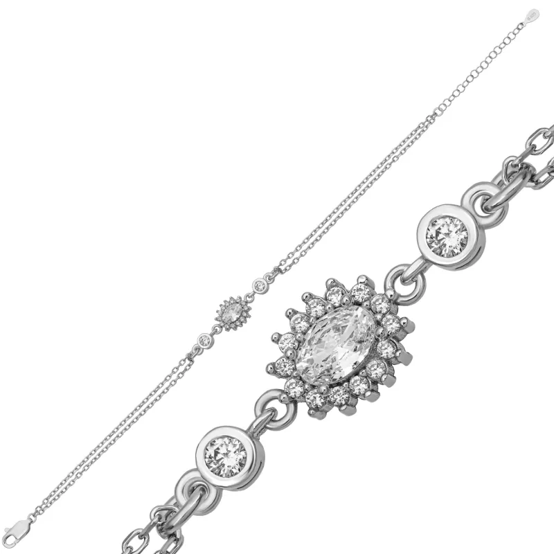 Gümüş Oval Zirkon Taşlı Kadın Bileklik