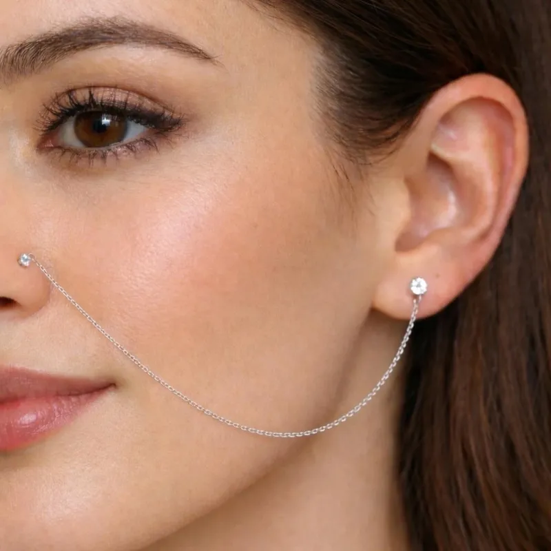 Gümüş Zincirli Burun Piercingi Küpe Gümüş Zincirli Burun Piercingi Küpe