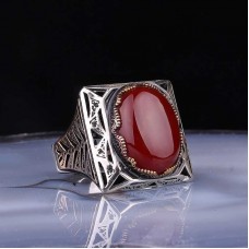 ​Gümüş Akik Taşlı Kare Erkek Yüzük