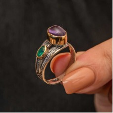 Gümüş Ametist Taşlı Zümrüt Otantik Ayarlanabilir Kadın Yüzük