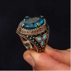 Gümüş Aquamarine Taşlı Erkek Yüzük