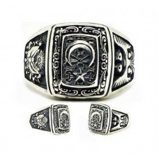 Gümüş Ay Yıldız Osmanlı Arması Kartal Desenli Erkek Yüzük