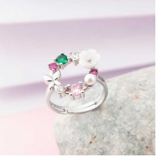 Gümüş Ayarlanabilir Renkli Manolya Çiçeği Kadın Yüzük