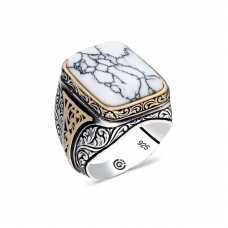 ​Gümüş Beyaz Çizgili Havlit Taşlı Kare Erkek Yüzük