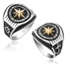 Gümüş Çapa Detaylı Pusula Erkek Yüzük