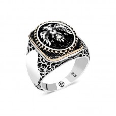 Gümüş Çift Başlı Kartal Oval Erkek Yüzük