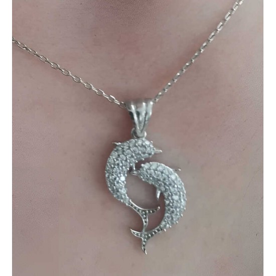 Gümüş Çift Yunus Balığı Kadın Kolye Gümüş Çift Yunus Balığı Kadın Kolye