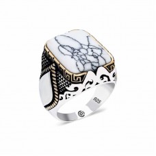 ​Gümüş Çizgili Beyaz Taşlı Köşeli Erkek Yüzük