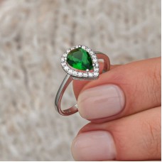 Gümüş Damla Zümrüt Taşlı Kadın Yüzük