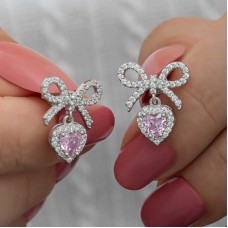 Gümüş Fiyonk Pembe Taşlı Kalpli Çivili Kadın Küpe