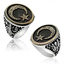 Gümüş Göktürkçe alfabesi Yazılı Ay Yıldız Erkek Yüzük