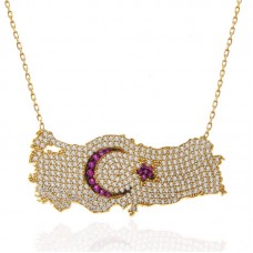 Gümüş Gold Ay Yıldız Türkiye Haritası Kadın Kolye