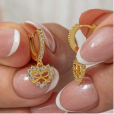 Gümüş Gold Kalp Kurdele Sallantılı Kadın Küpe