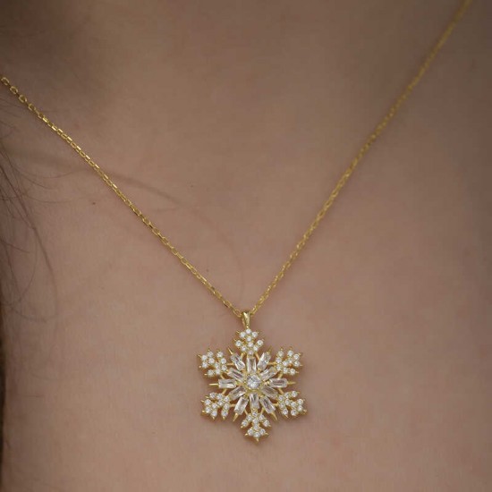Gümüş Gold Kar Tanesi Kolye