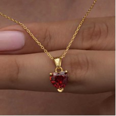 Gümüş Gold Kırmızı Taşlı Kalpli Kadın Kolye