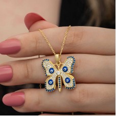 Gümüş Gold Nazarlı Kelebek Kadın Kolye