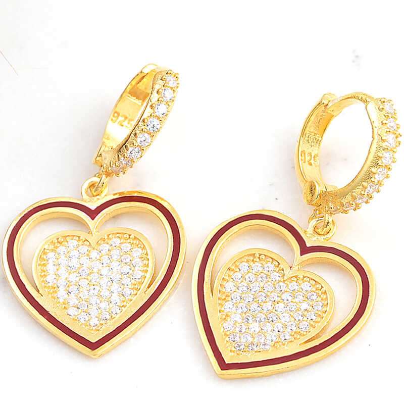 Gümüş Gold Sallantılı Kalp Kadın Küpe Gümüş Gold Sallantılı Kalp Kadın Küpe