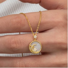 Gümüş Gold Sedef Taşlı Ay Yıldız Hilal Kadın Kolye