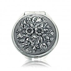 Gümüş Gül Motifli Kapaklı Yuvarlak El Aynası