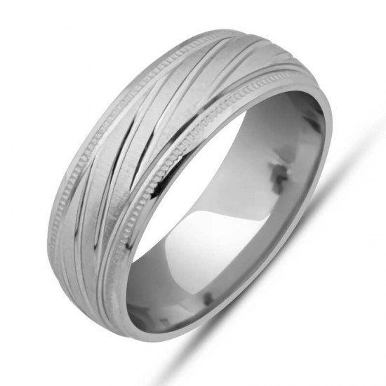 Gümüş Kalemli Çizgi Desenli Rodyum Alyans