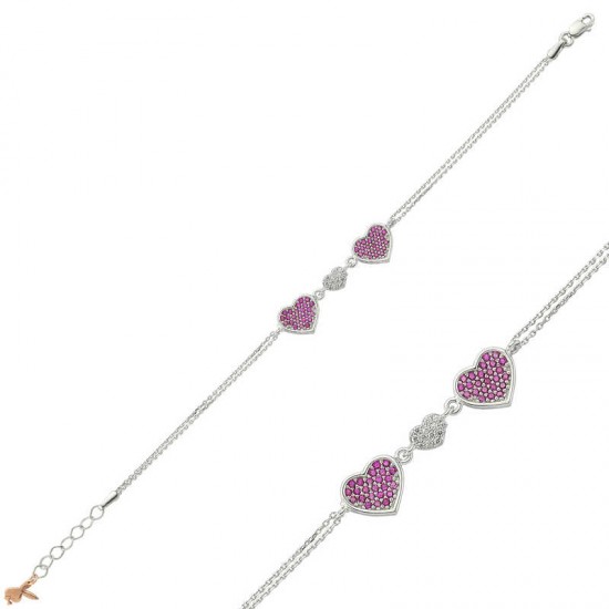 Gümüş Pembe Kalpli Bayan Bileklik Gümüş Pembe Kalpli Bayan Bileklik