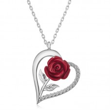 ​Gümüş Kalpli Kırmızı Gül Kadın Kolye