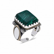 ​Gümüş Kare Yeşil Akik Taşlı Erkek Yüzük