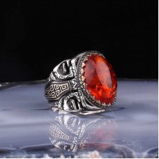 ​Gümüş Kehribar Taşlı Oval Erkek Yüzük