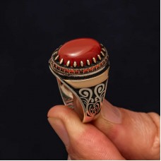 Gümüş Kırmızı Akik Taşlı Desenli Erkek Yüzük