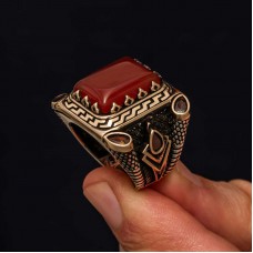 Gümüş Kırmızı Akik Taşlı Erkek Yüzük